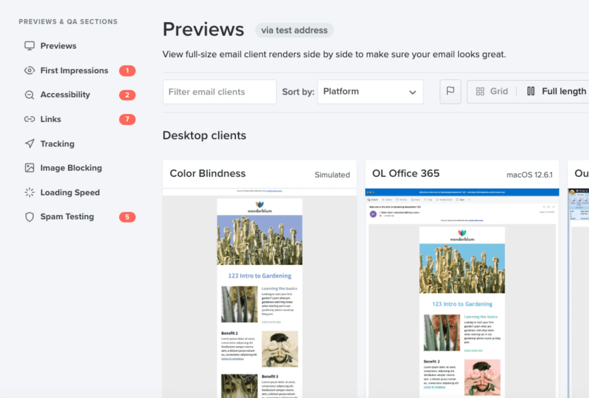 Litmus email testing dashboard showing previews for various desktop clients, including simulated color blindness and Outlook Office 365