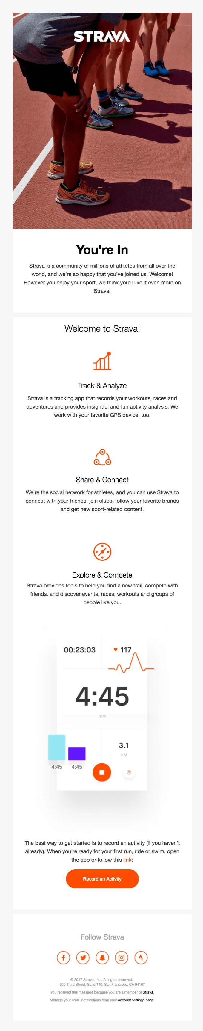 Strava welcome email featuring a group of runners on a track, with sections explaining app features like tracking workouts, connecting with friends, and competing on routes. Includes example run stats and a call-to-action to record an activity.