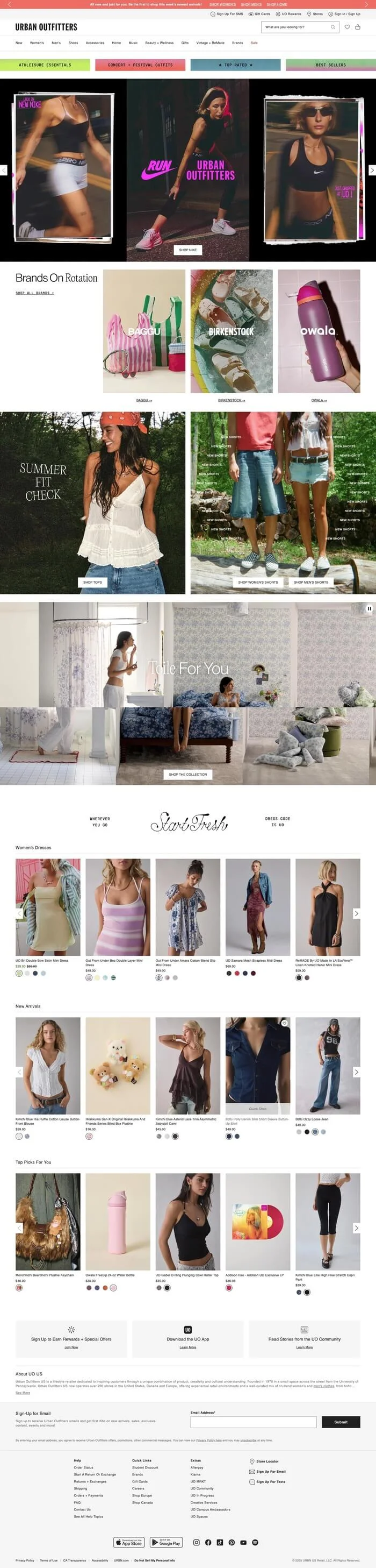 Full-page screenshot of the Urban Outfitters homepage, featuring rotating fashion banners, highlighted brands, curated seasonal collections, and a grid of women’s clothing and accessories for online shopping.