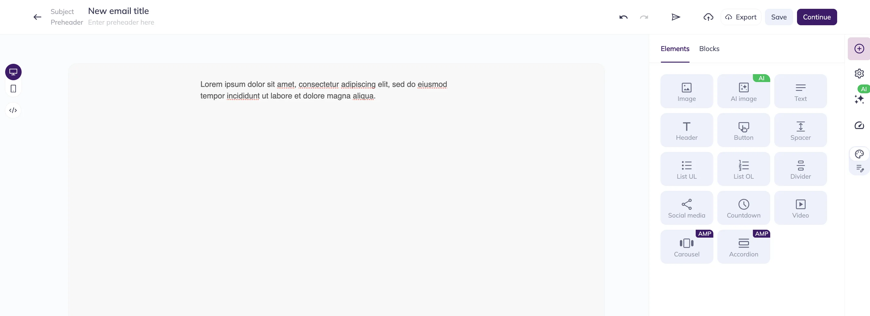 Selzy email editor with the “Lorem ipsum” first sentence written on the left, in the drag-and-drop mode