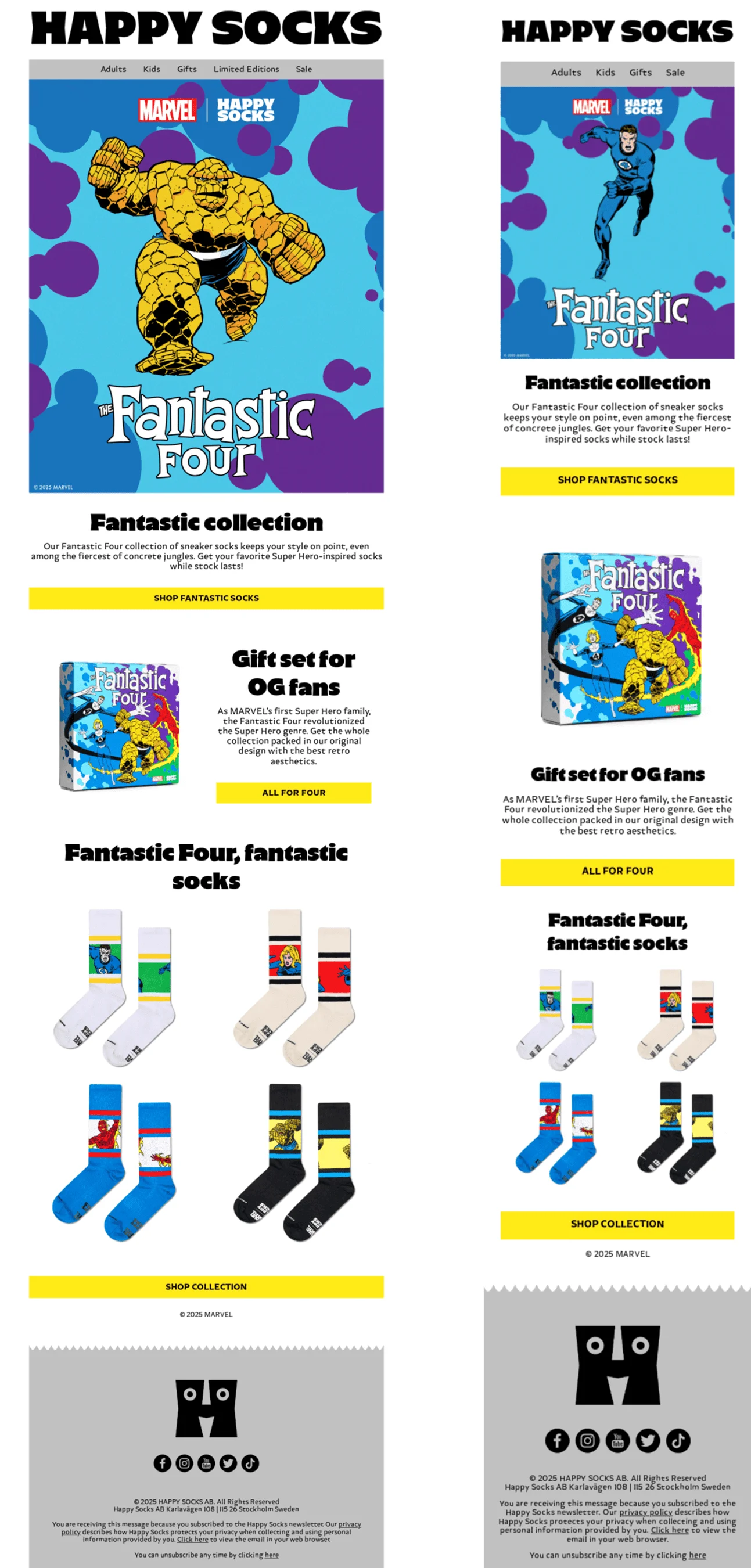 Two versions of the same email from Happy Socks with a slightly different layout for the mobile and desktop