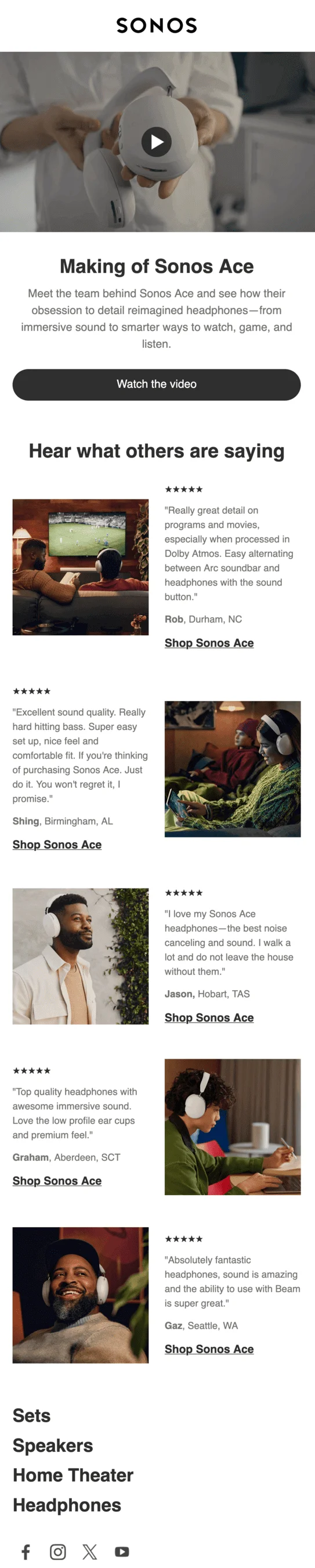 An email from Sonos with a video and a CTA button “Watch the video”