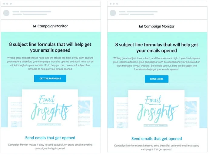 Two email versions with different CTAs — “Get the formulas” and “Read more”