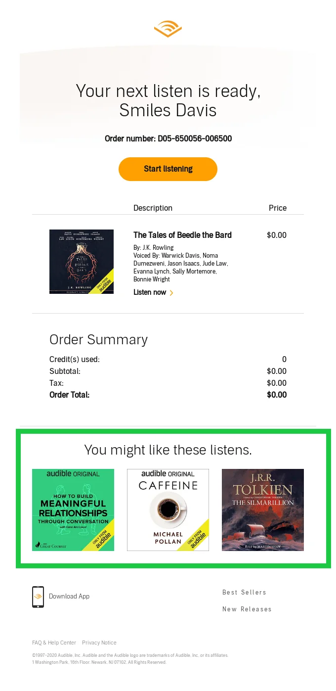 Audible order confirmation email showing a completed order for “The Tales of Beedle the Bard” with a call to start listening and personalized audiobook recommendations below, including titles by Michael Pollan and J.R.R. Tolkien.