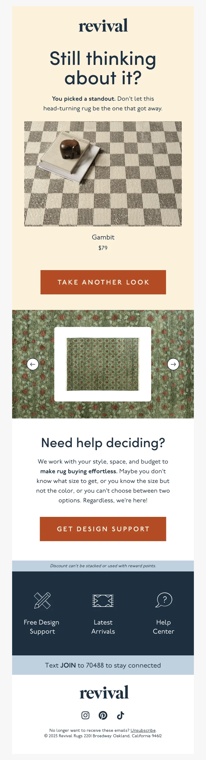 Abandoned cart email from Revival Rugs featuring an image of a rug, encouraging customers to complete their purchase or explore more styles