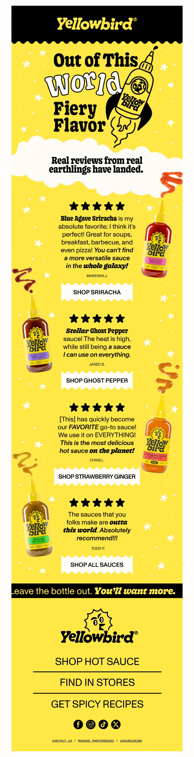 An email from Yellowbird with customer reviews of the brand’s hot sauces