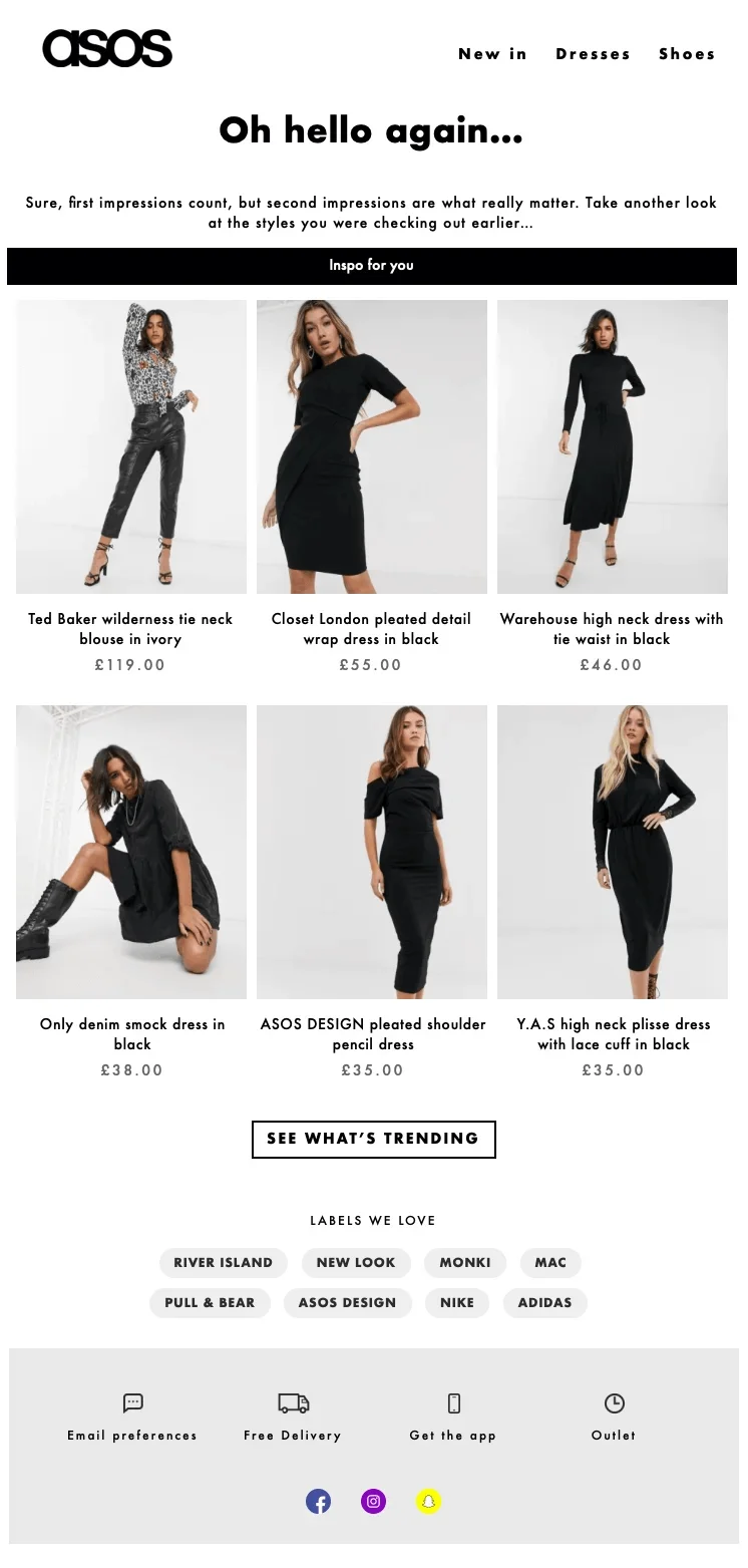 ASOS browse abandonment email showing fashion items the user previously viewed. Features product images of black dresses and blouses from brands like Ted Baker and ASOS DESIGN, with prices and a call to revisit trending styles.