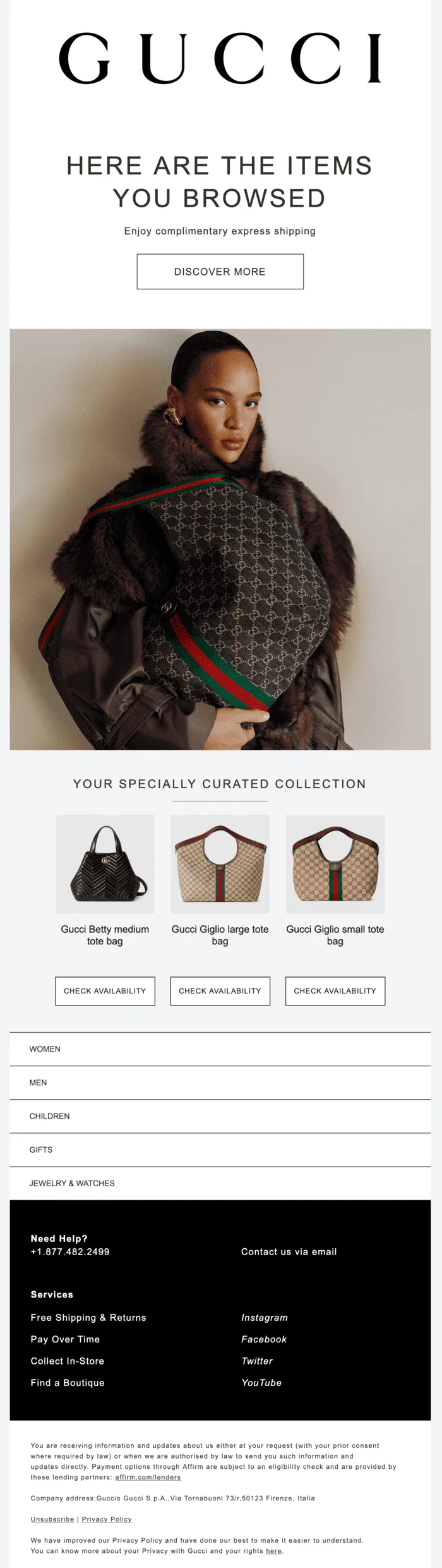 An email with the heading “Here are the items you browsed” and three bag product carts below the banner