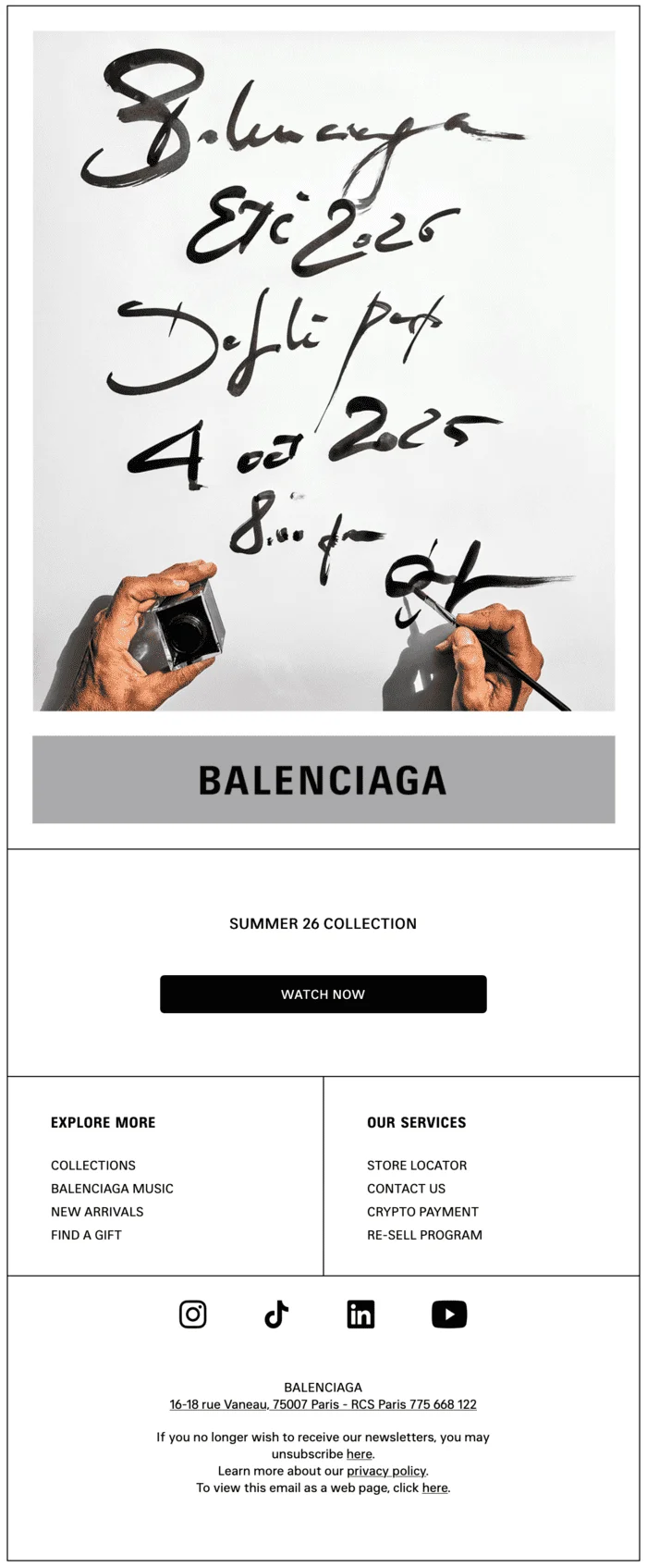 An email with a photo of a poster in black ink, a text that reads “Summer 26 collection,” and a CTA button “Watch now”