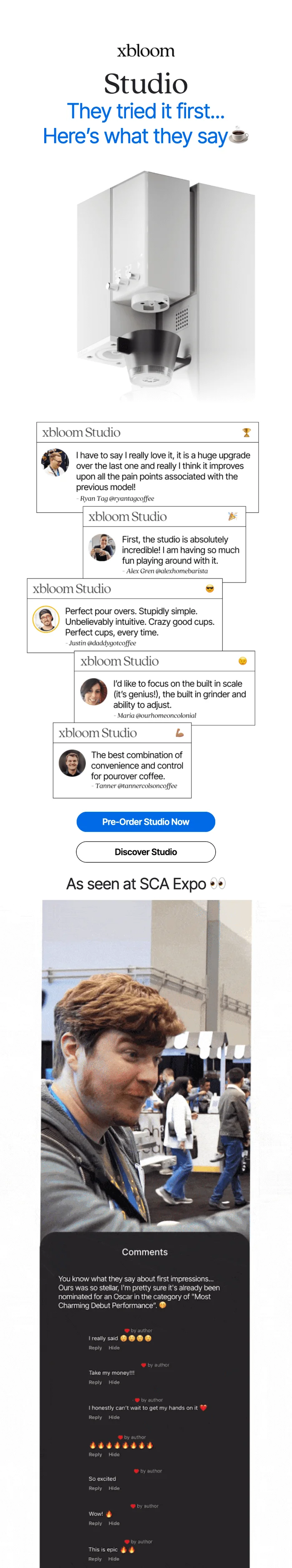 An email with the heading “They tried it first… Here’s what they say,” several user comments, and a video still from the SCA Expo