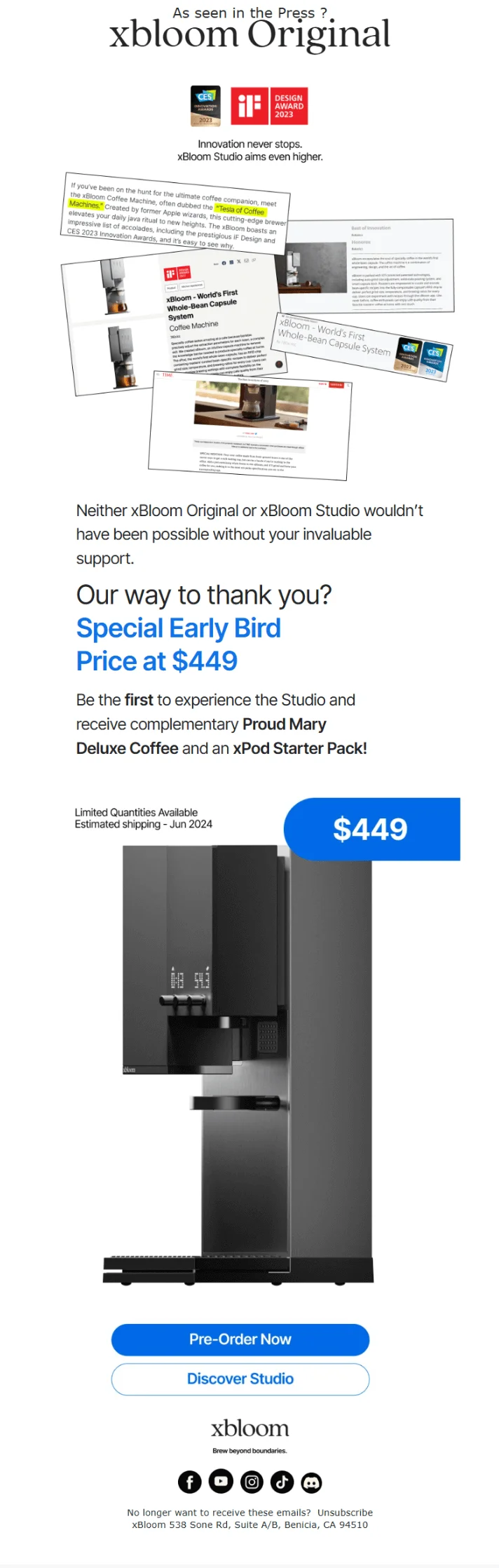 A bottom half of the same email with the early bird price on the coffee machine, with a gift