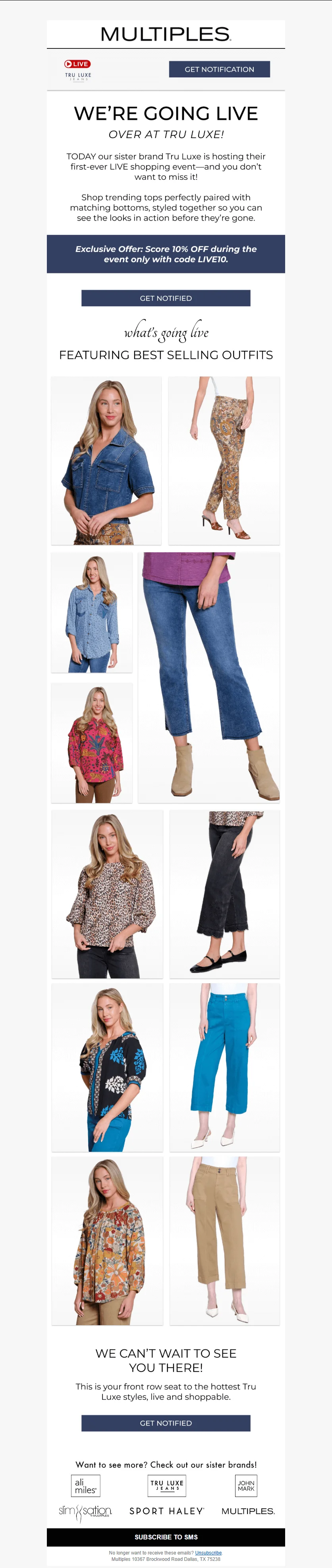 An email with the heading “We’re going live over at Tru Luxe” with photos of several best-selling looks to be showcased