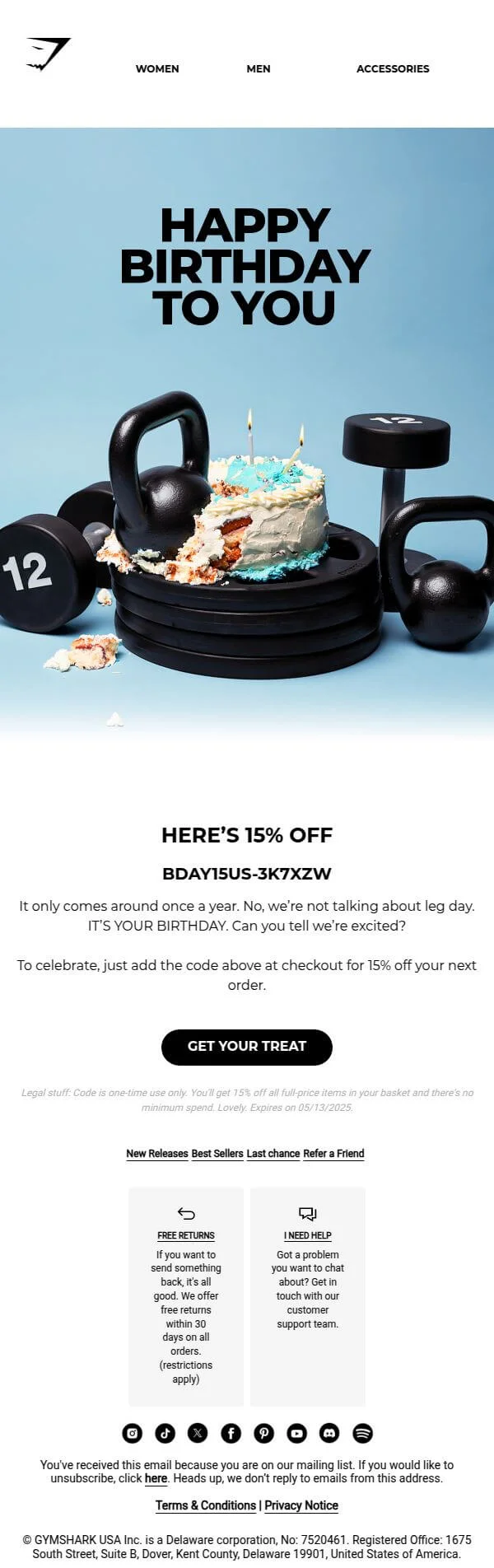 An email with the heading “Happy birthday to you” and a 15% discount code