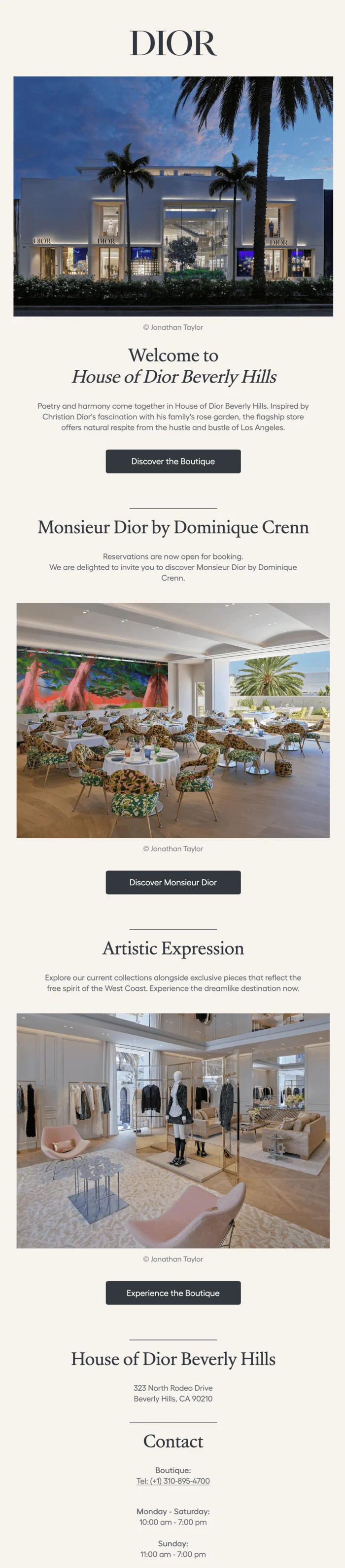 An email with the heading “Welcome to House Dior Beverly Hills” and a CTA button “Discover the boutique”
