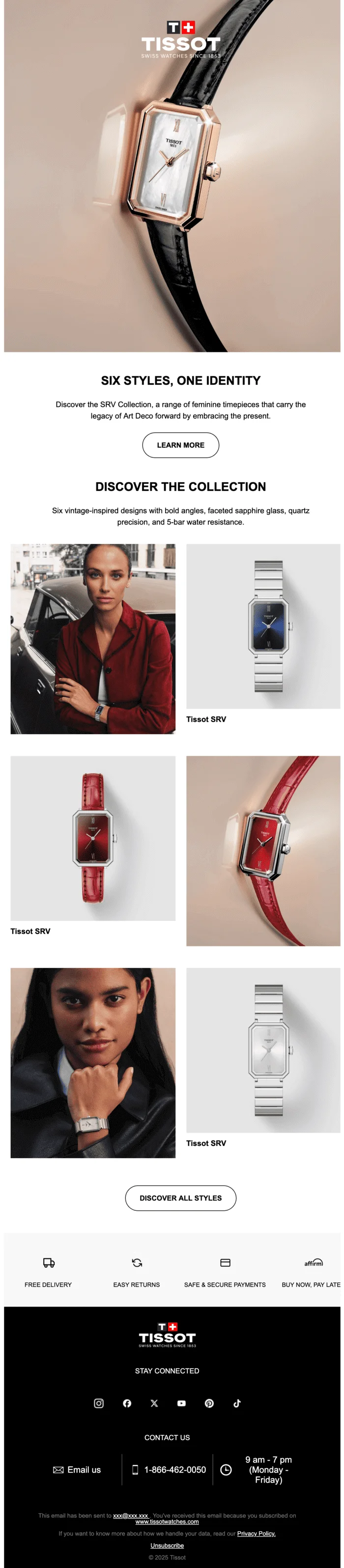 An email with the heading “Six styles, one identity” and CTA buttons “Learn more” and “Discover all styles”