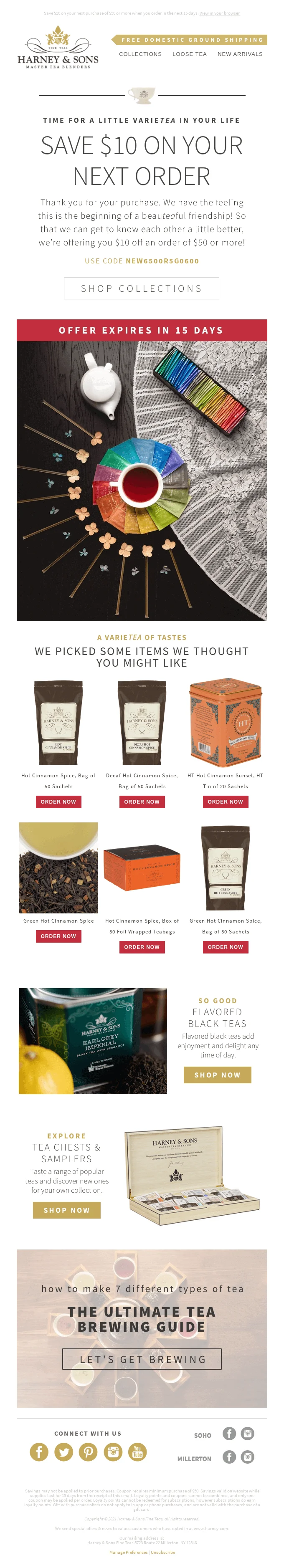 An email with the heading “Save $10 on your next order” and a CTA button “Shop collections”