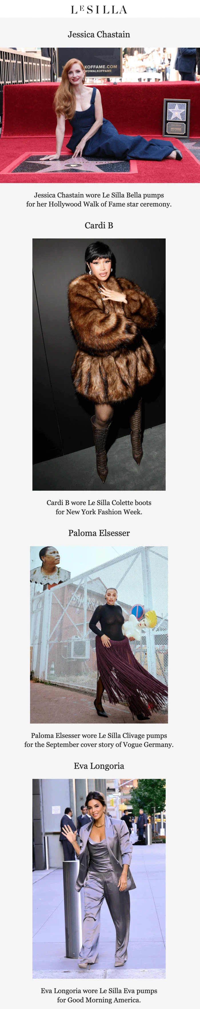 An email with photographs of celebrities like Cardi B, Jessica Chastain, and Eva Longoria wearing the brand’s shoes