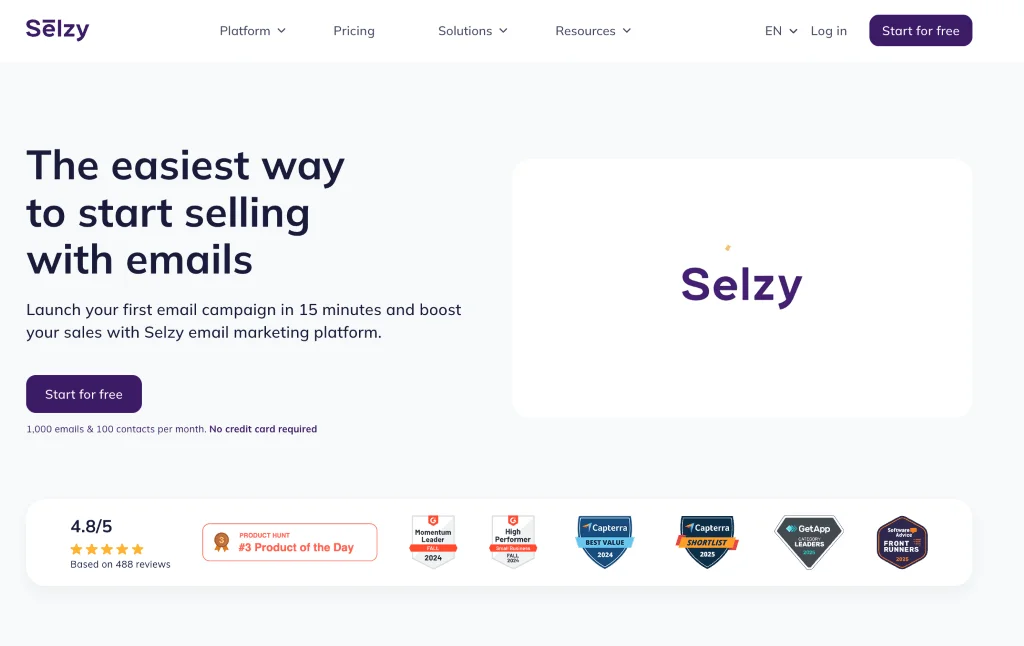 A screenshot of Selzy’s home page
