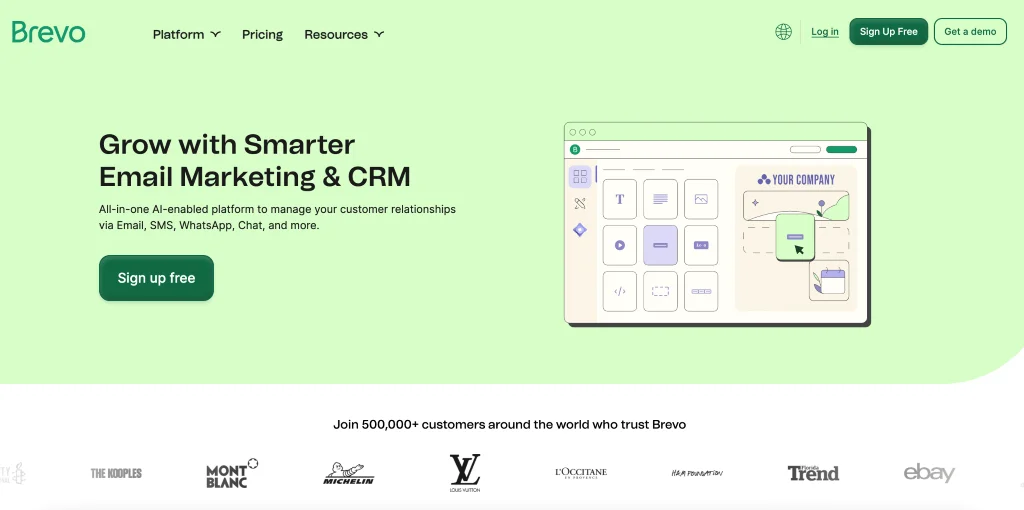 Brevo homepage showing its email marketing and CRM platform with a visual editor