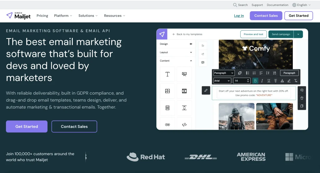 Mailjet homepage showing a drag-and-drop email editor and headline promoting its email marketing and transactional email tools for developers and marketers