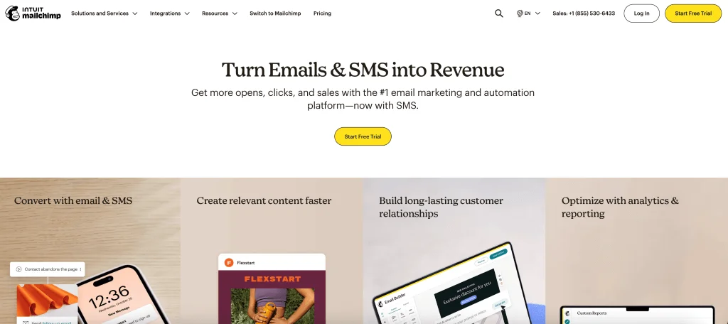 Mailchimp homepage promoting email and SMS marketing, automation tools, and CRM features