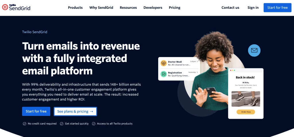 SendGrid homepage showing its integrated email platform with high deliverability, featuring a user checking messages