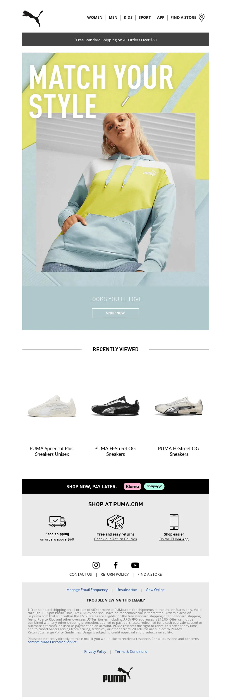Puma browse abandonment email highlighting a bold hoodie visual with a large header and a prominent reminder to return and shop