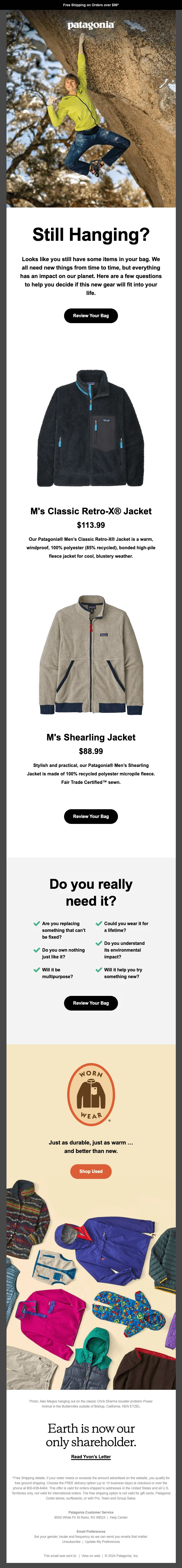 Patagonia browse abandonment email with the humorous ‘Still hanging?’ line, product reminder, and sustainable secondhand shopping option