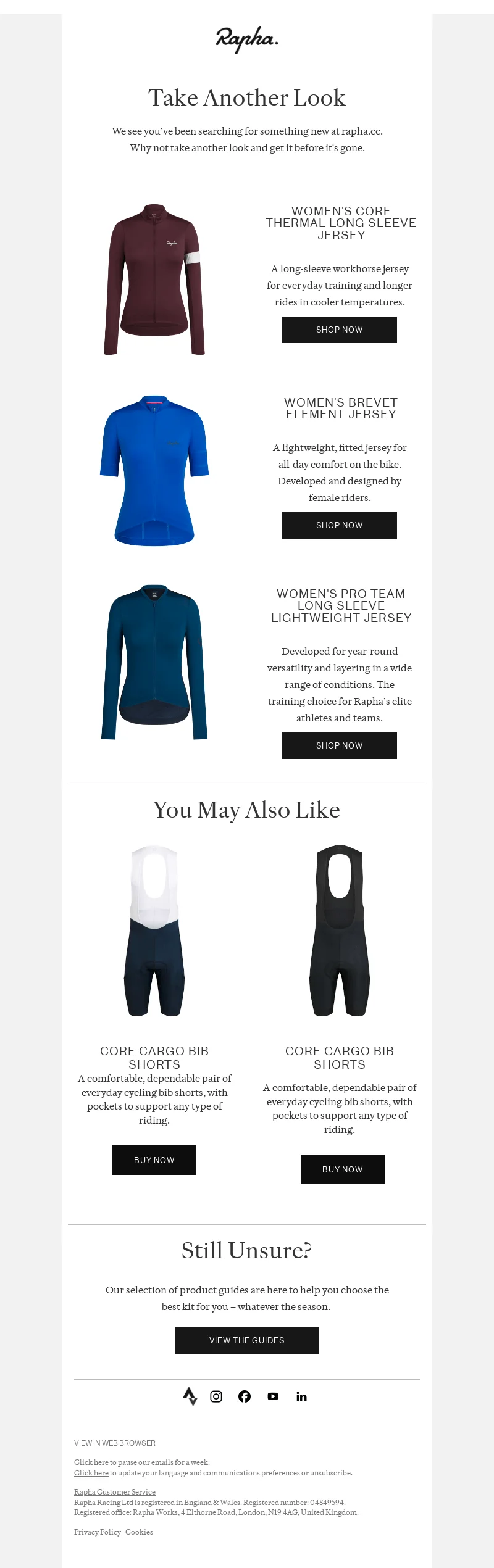 Rapha browse abandonment email showing previously viewed cycling items with short USP descriptions and a “You may also like” block