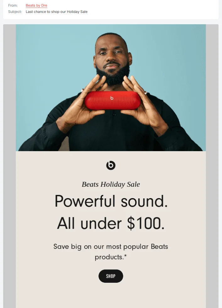 Beats by Dre last-minute holiday sale email, offering discounts on their most popular products