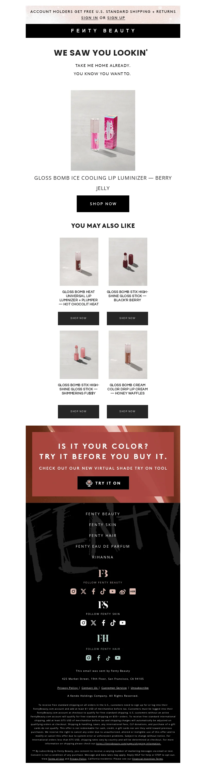 Fenty Beauty browse abandonment email featuring Gloss Bomb product reminder, cross-sell items, and a virtual “Try it on” shade finder tool