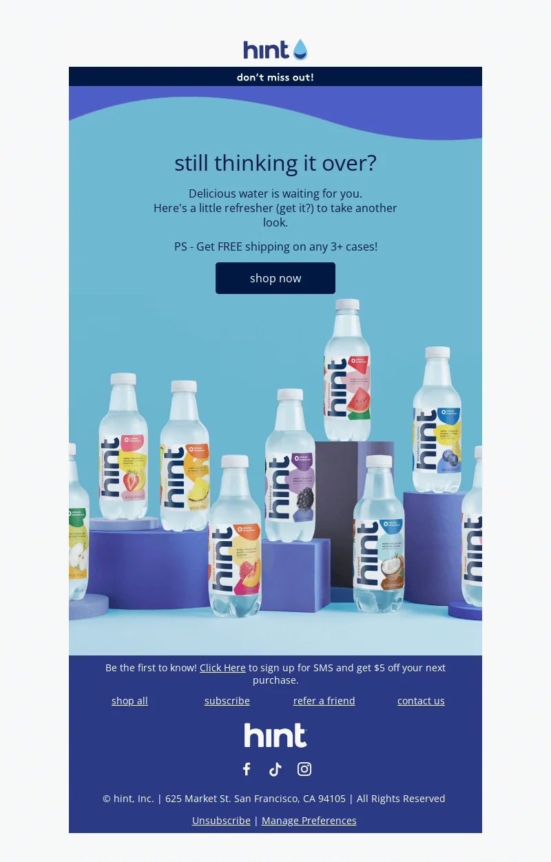 Hint minimalist browse abandonment email showing a single hero image of flavored water, a clean layout, and a free shipping incentive