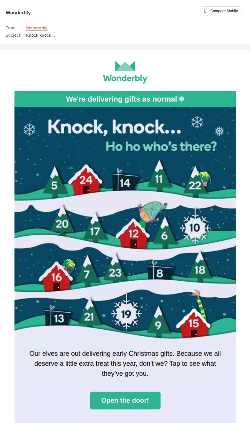 Wonderbly’s Christmas email, with the playful subject like “Knock knock…”, alluding to a common cultural reference
