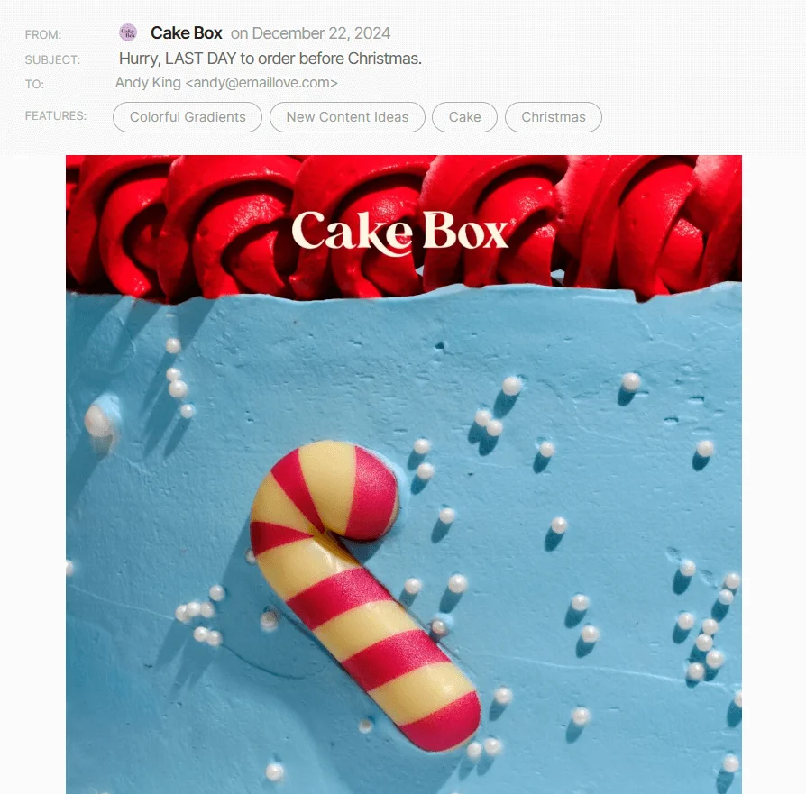 Cake Box’s last-minute holiday email, telling customers it’s the last day to order before Christmas arrives.