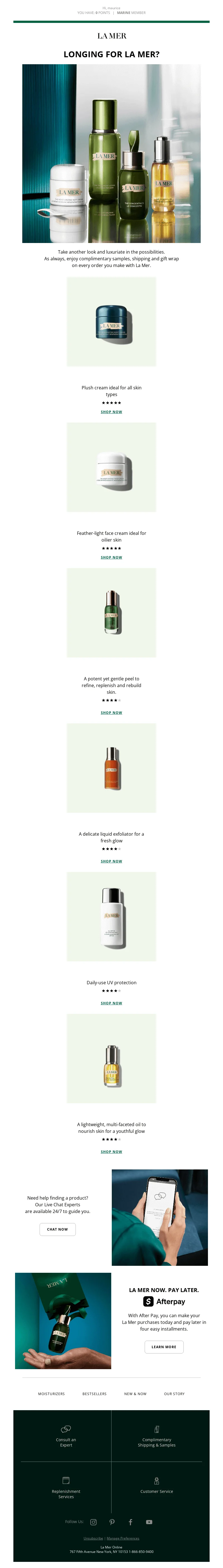 La Mer browse abandonment email optimized for mobile, featuring a product reminder, live chat support, and flexible payment options