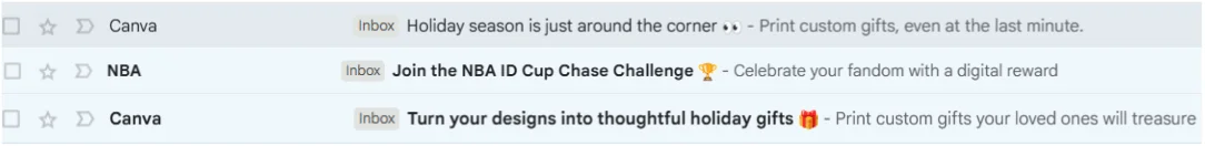 A collection of preview texts from Canva and the NBA, all offering gifts that weren’t mentioned in the subject line of each one of the three emails shown
