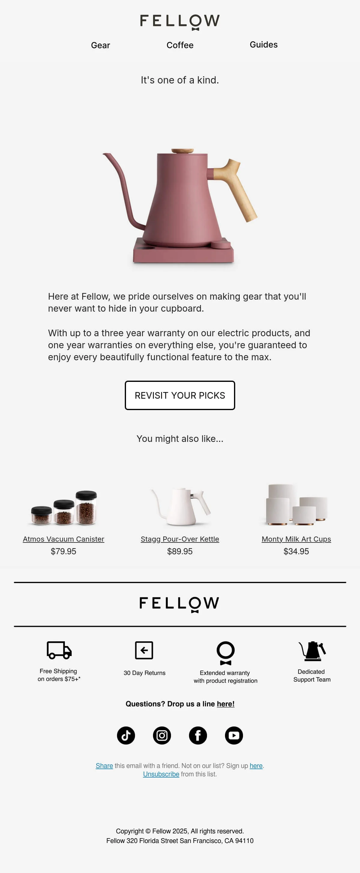 Fellow browse abandonment email showcasing sleek coffee gear, product warranty details, and a clean, premium design