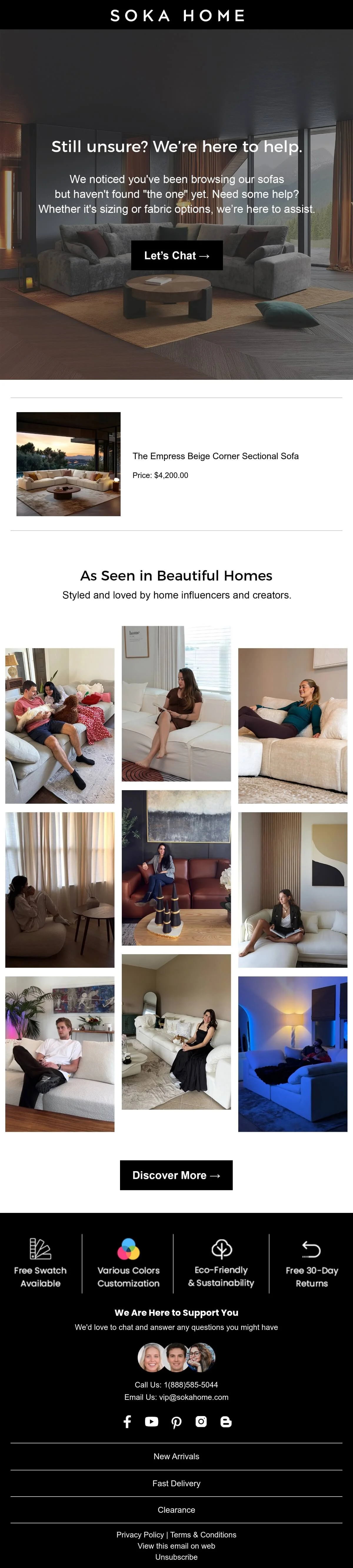 Soka Home browse abandonment email offering furniture customization help, product photos as social proof, and supportive messaging