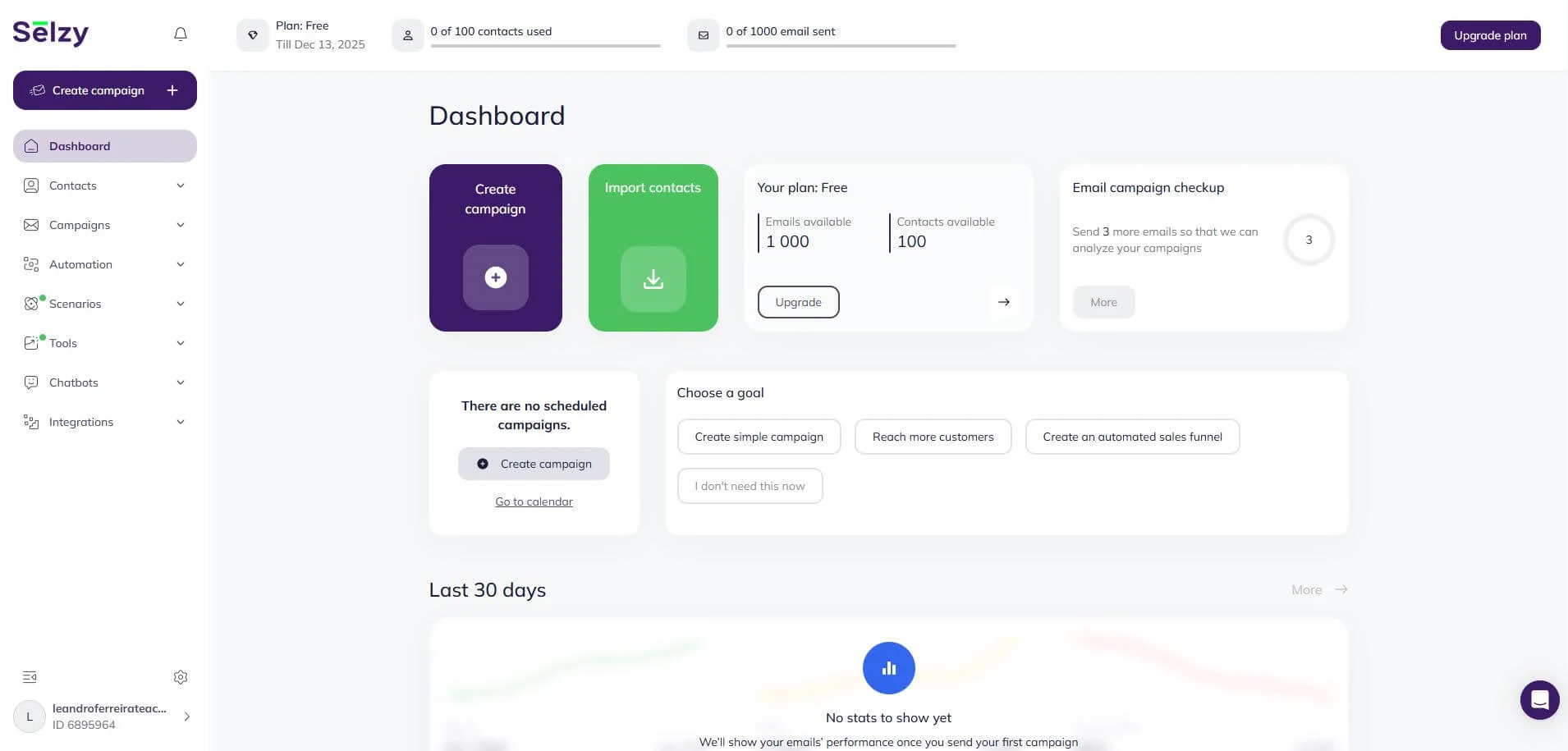 Selzy’s email marketing platform main dashboard