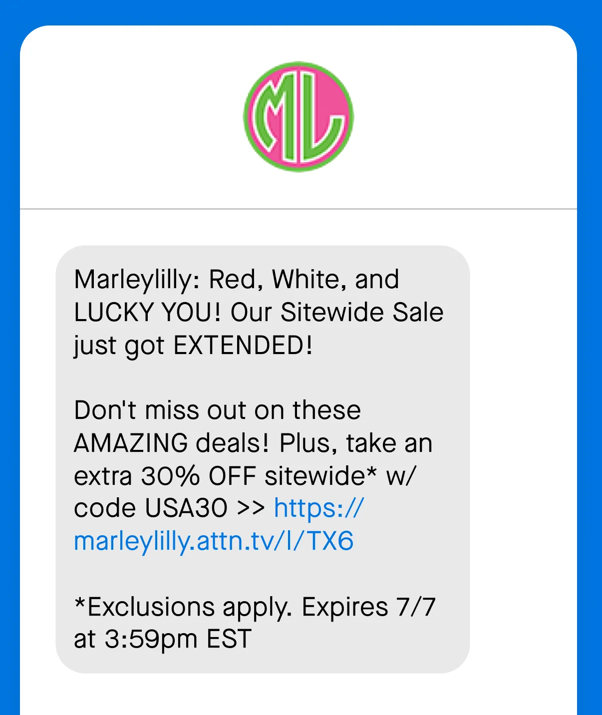 An SMS message explaining that the Independence Day sale has been extended till the 7th of July, and customers can benefit from an additional 30% discount with a code
