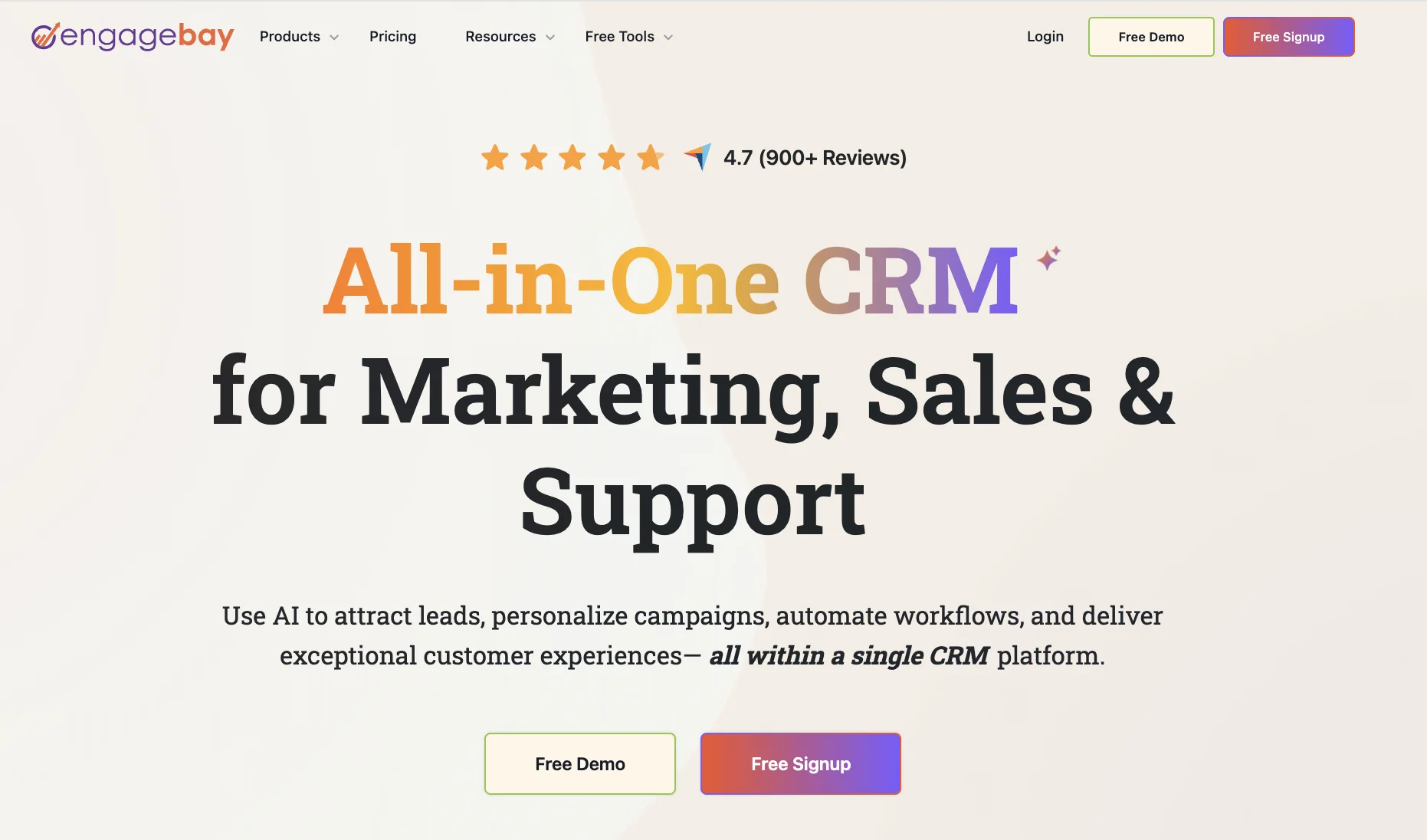 EngageBay homepage with headline promoting all-in-one CRM for marketing, sales, and support