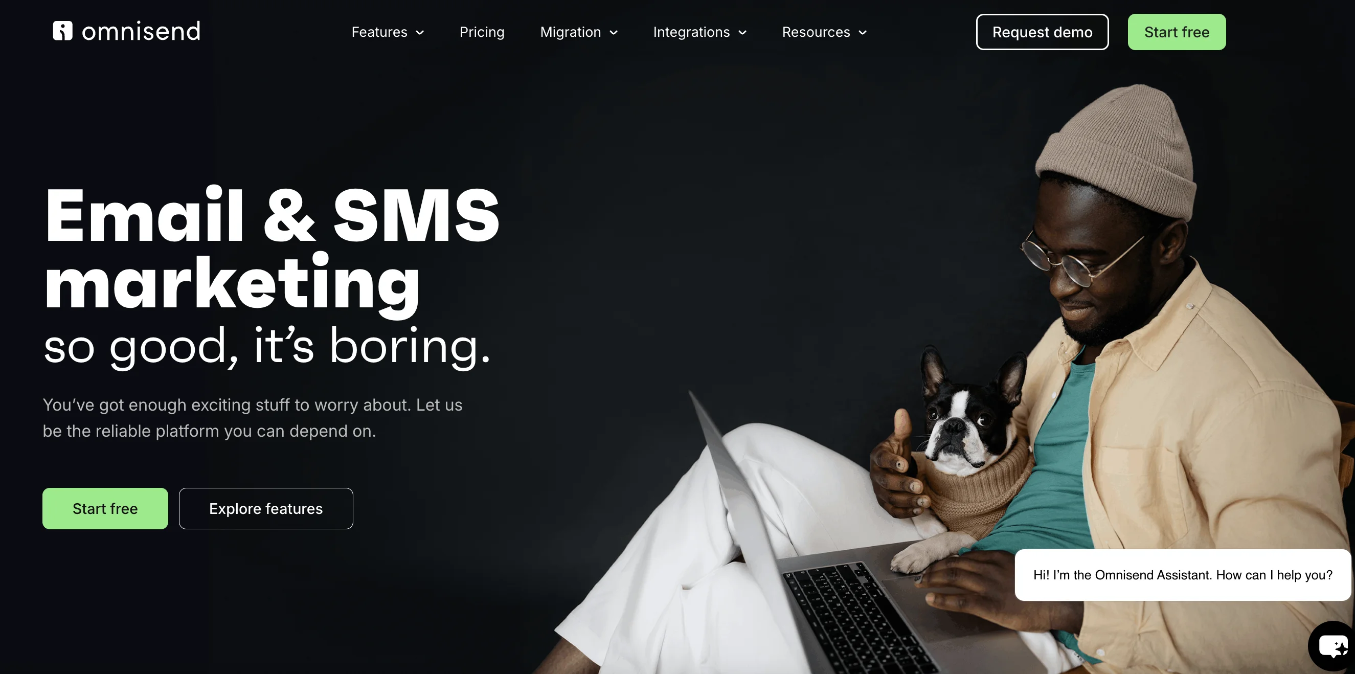 Omnisend homepage showing email and SMS marketing platform with headline and signup buttons.