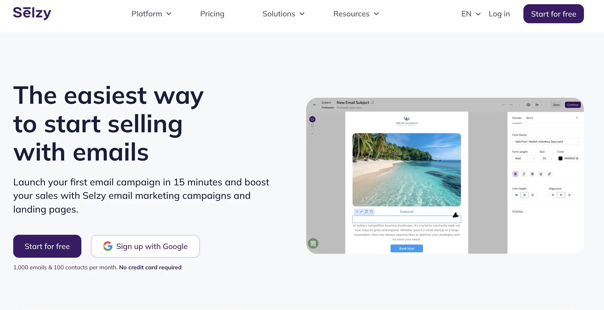 Selzy homepage showing email marketing platform with drag-and-drop email editor interface.