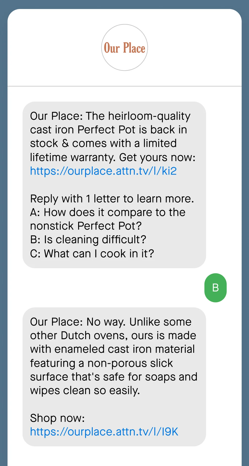 An SMS exchange prompting a customer to choose a question they want answered, the customer responding with a letter, and the brand replying with the requested information