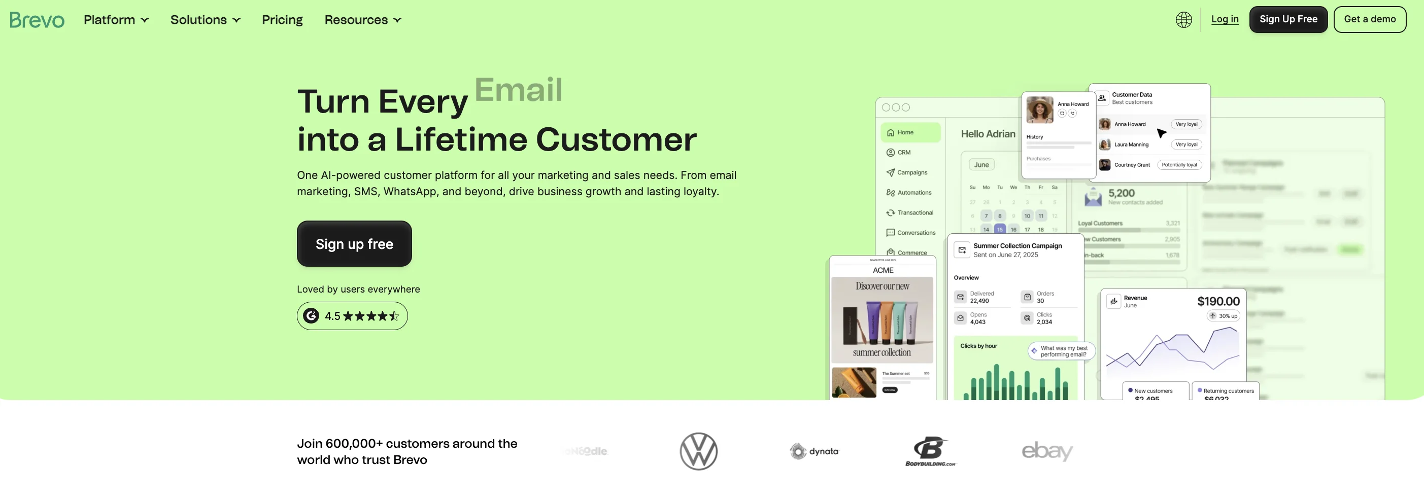 Brevo homepage showing email marketing platform with CRM dashboard, campaigns, and analytics.