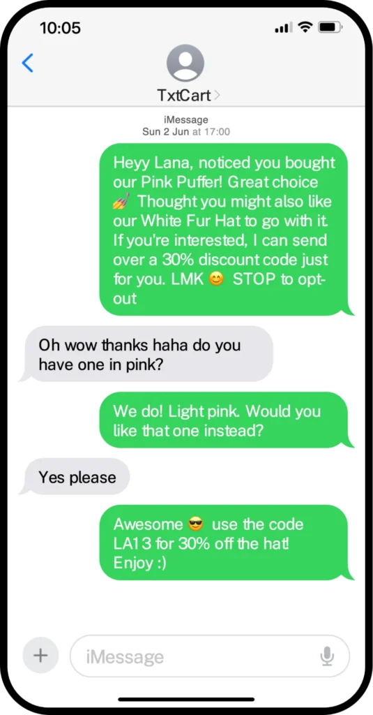 A conversational SMS exchange suggesting a product to the customer, the customer asking about a discount and receiving a promo code
