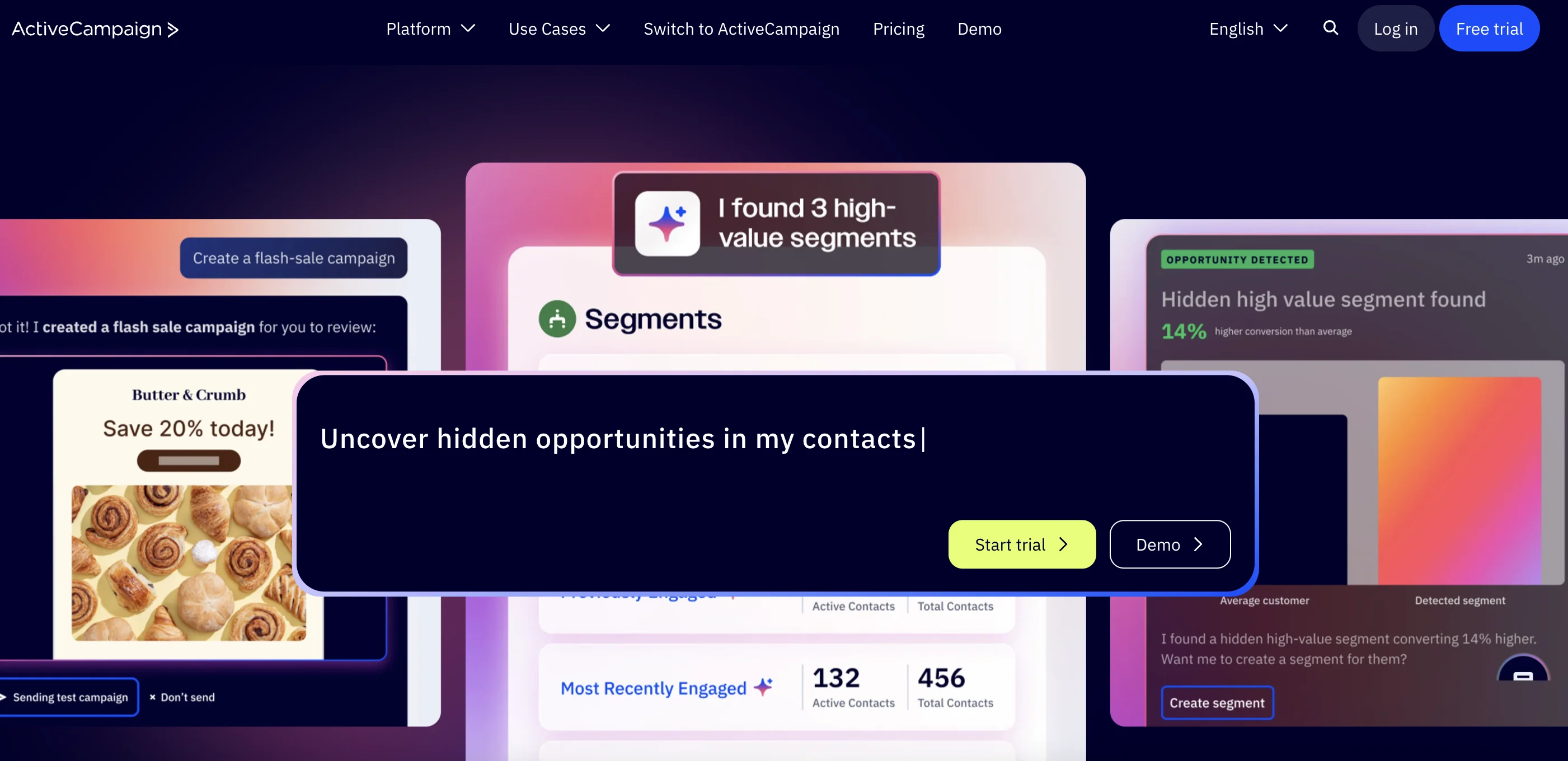 ActiveCampaign homepage showing marketing automation platform with segmentation and customer analytics tools