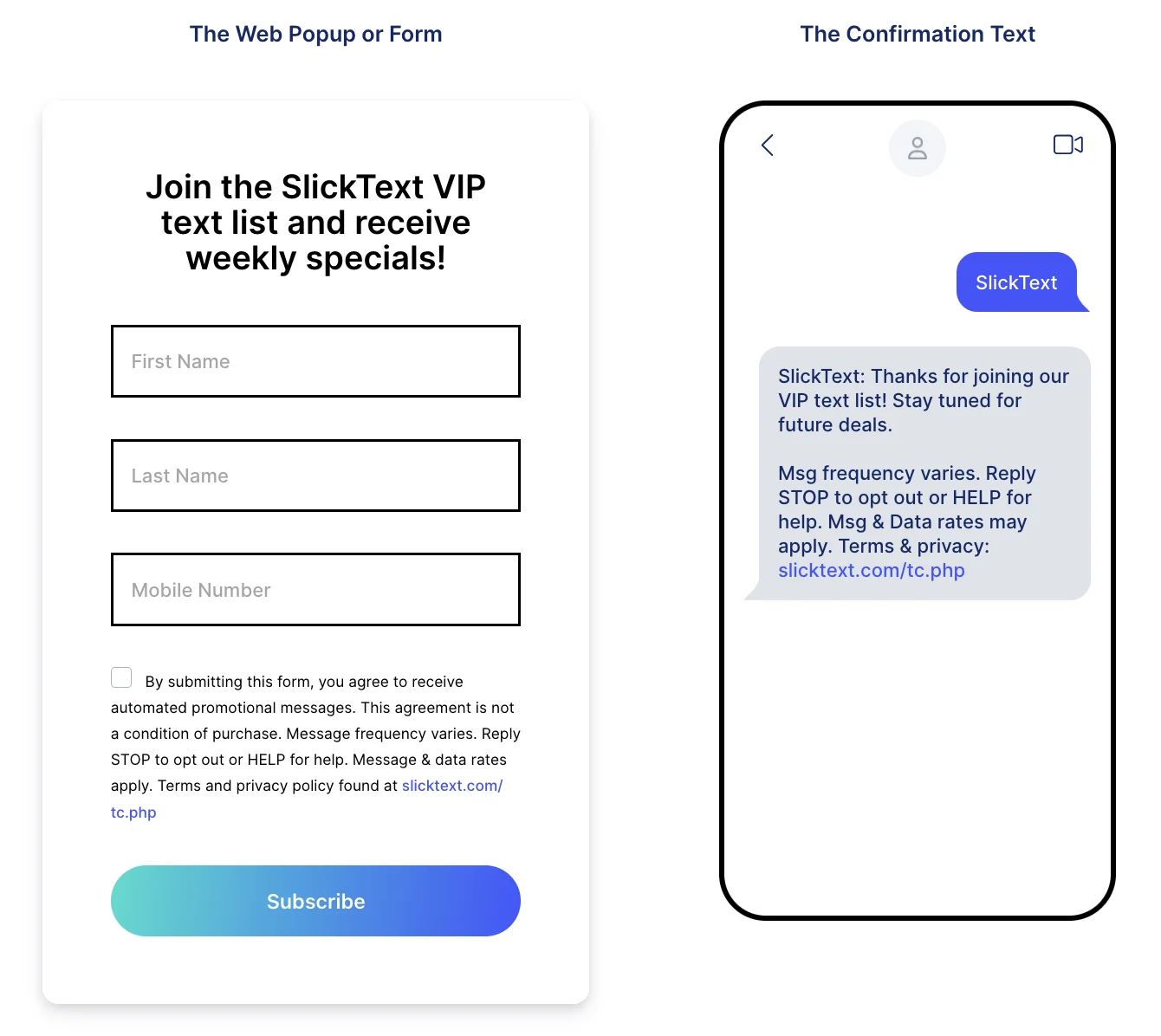 A website pop-up form with three fields for name, last name, and mobile number and a consent checkbox alongside an SMS exchange confirming the subscription to the text list
