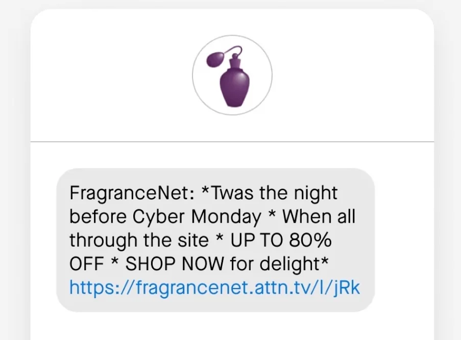 A Cyber Monday SMS from FragranceNet with a rhymed promotion advertising an 80% discount
