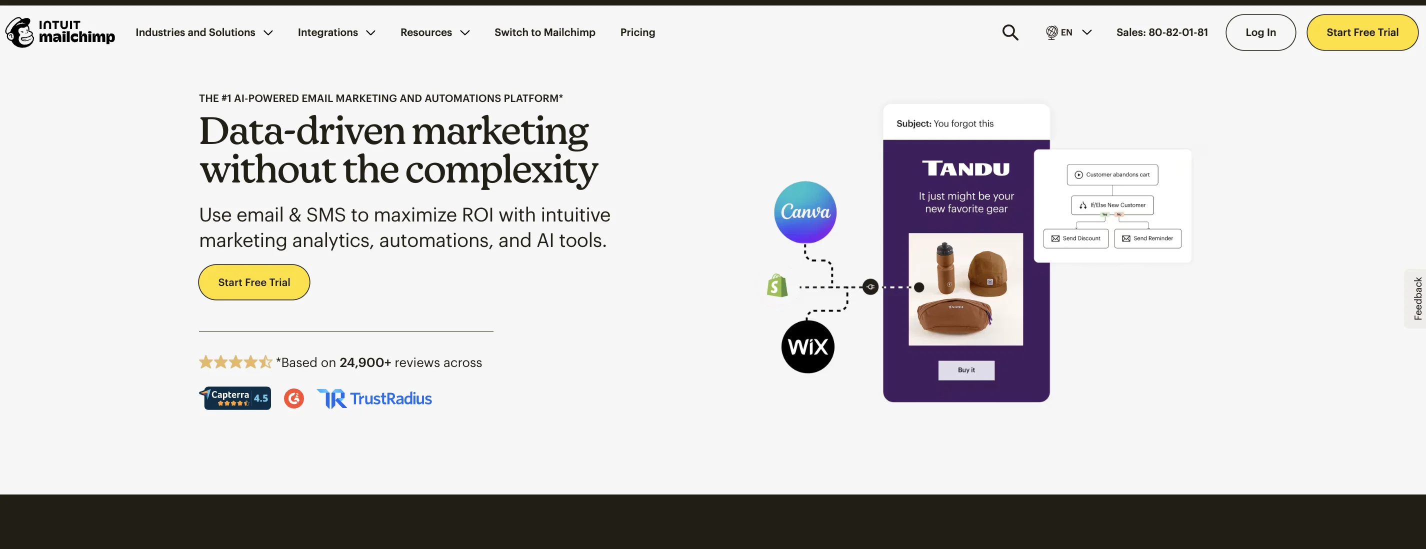 Mailchimp homepage showing email marketing platform with automation tools, analytics, and integrations